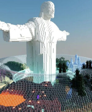 Statue de Jésus construite avec des blocs dans Minecraft